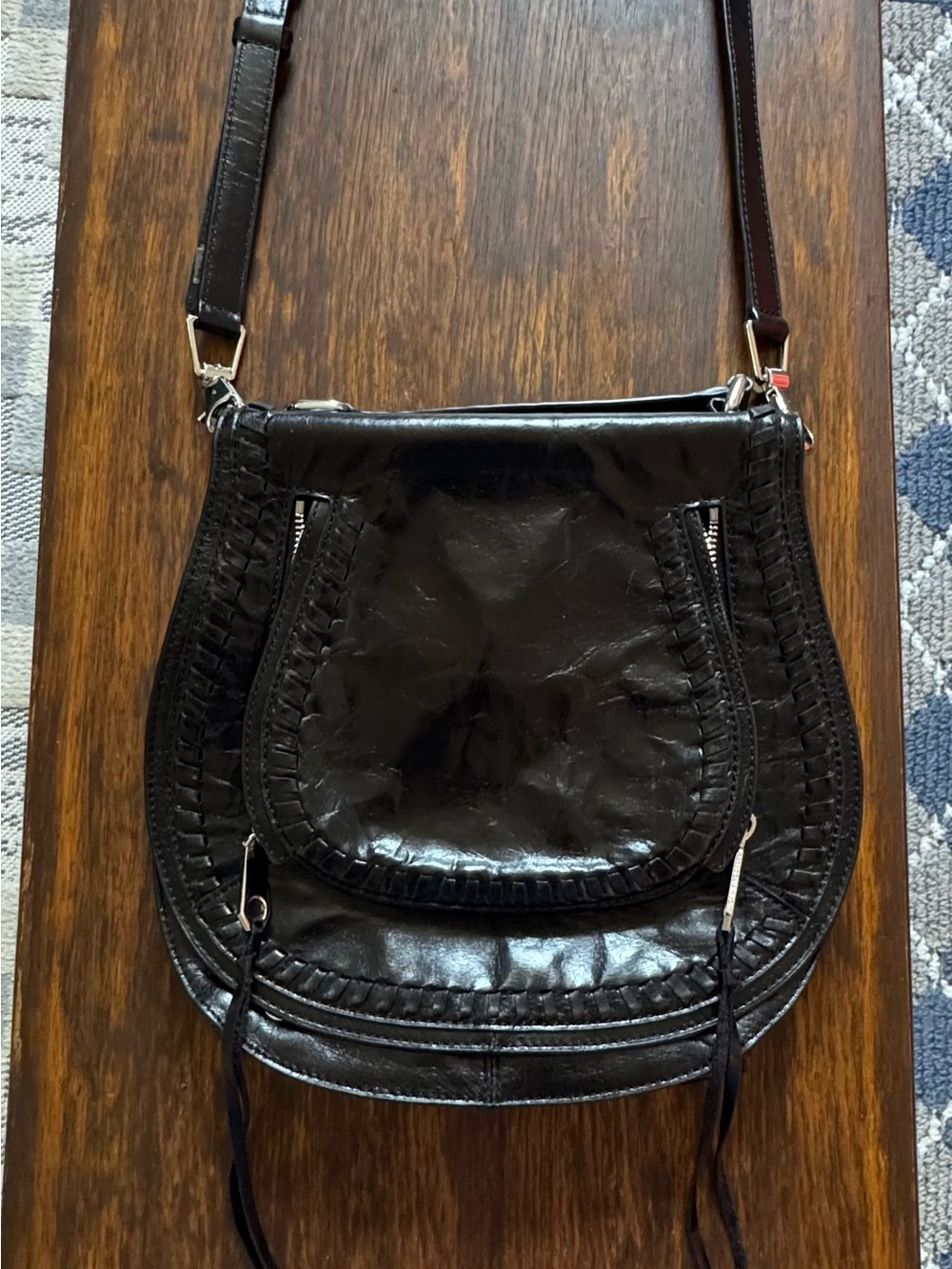 Rebecca Minkoff Black Leather Woven Trim Crossbody Bag